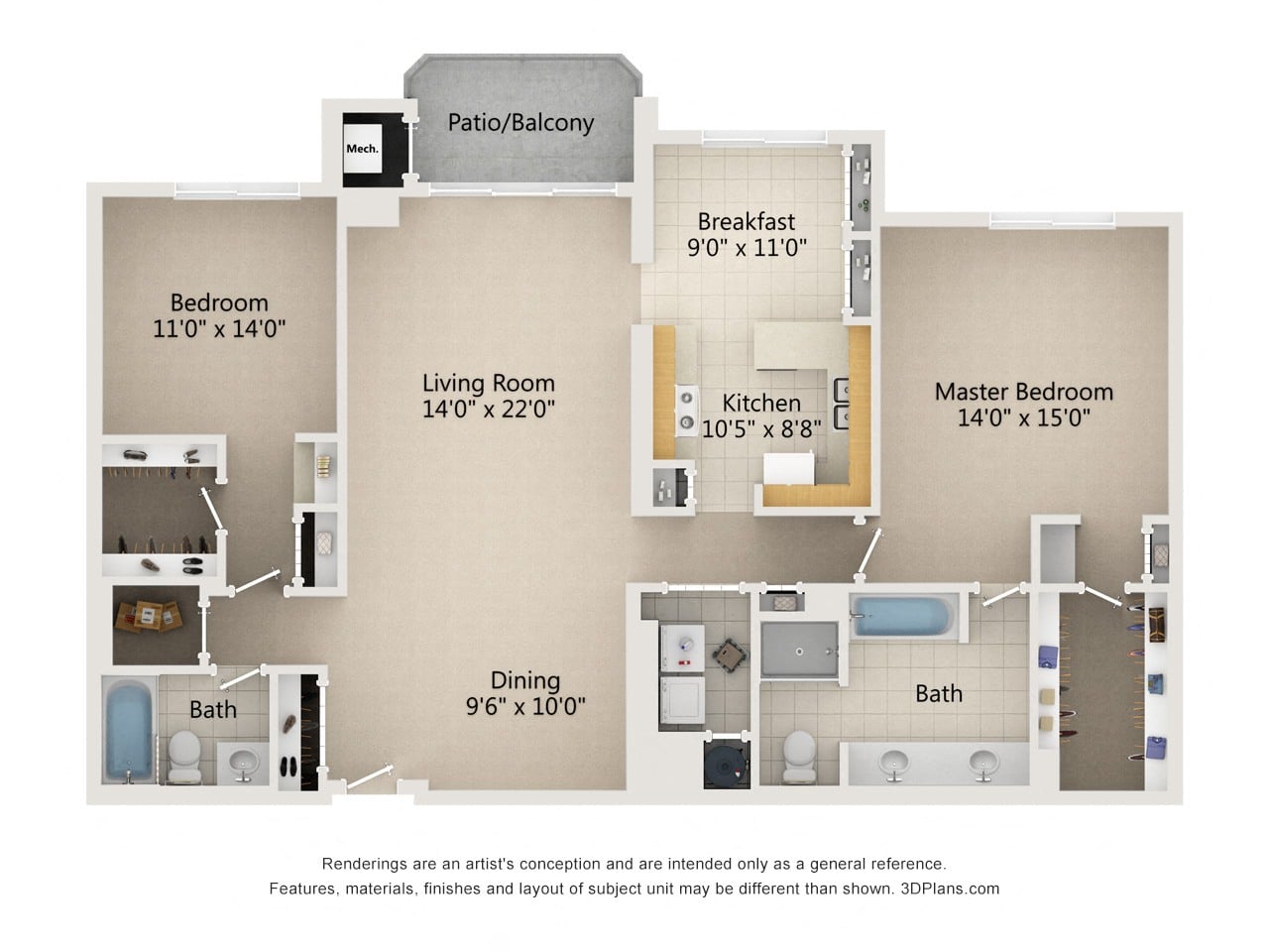 Floor plan layout diagram for 2 Bedroom 2 Bath Type F